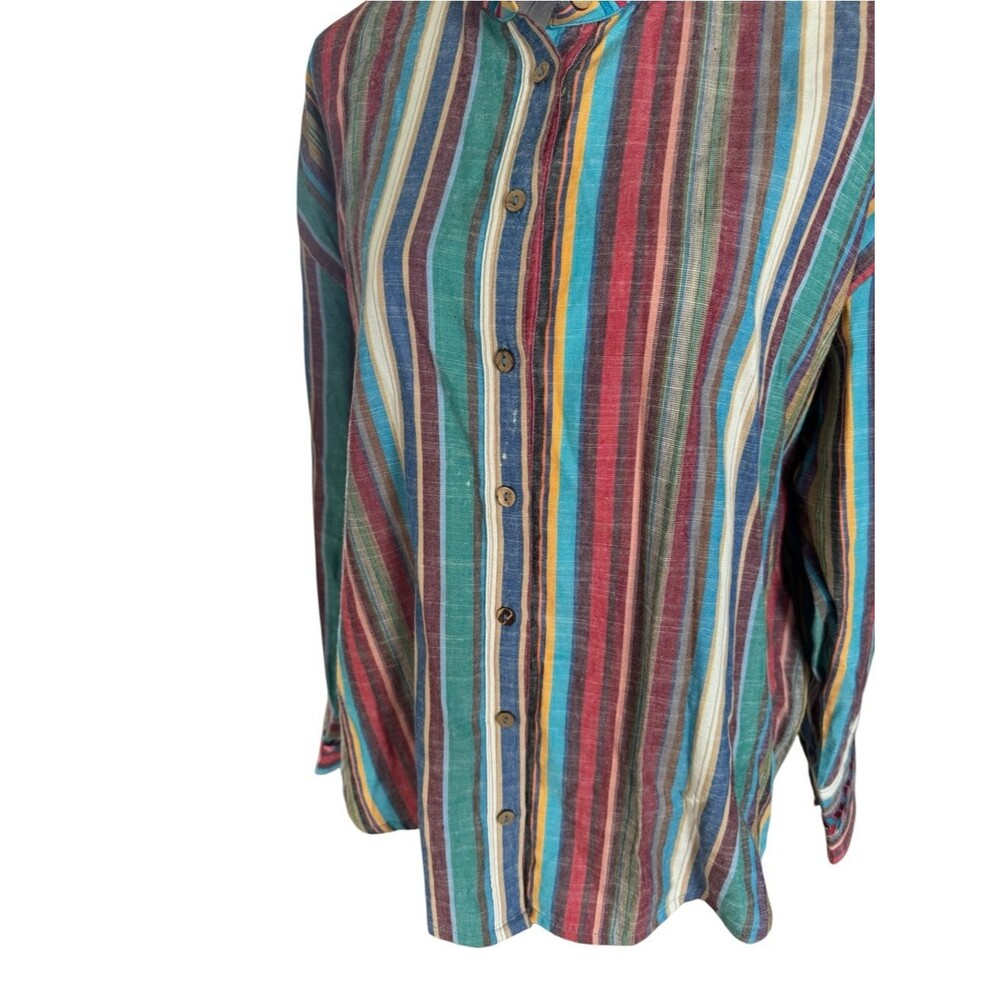 Xirena Charley shirt in a "Painted Sunset" multi-color stripe pattern. - Picture 3 of 9